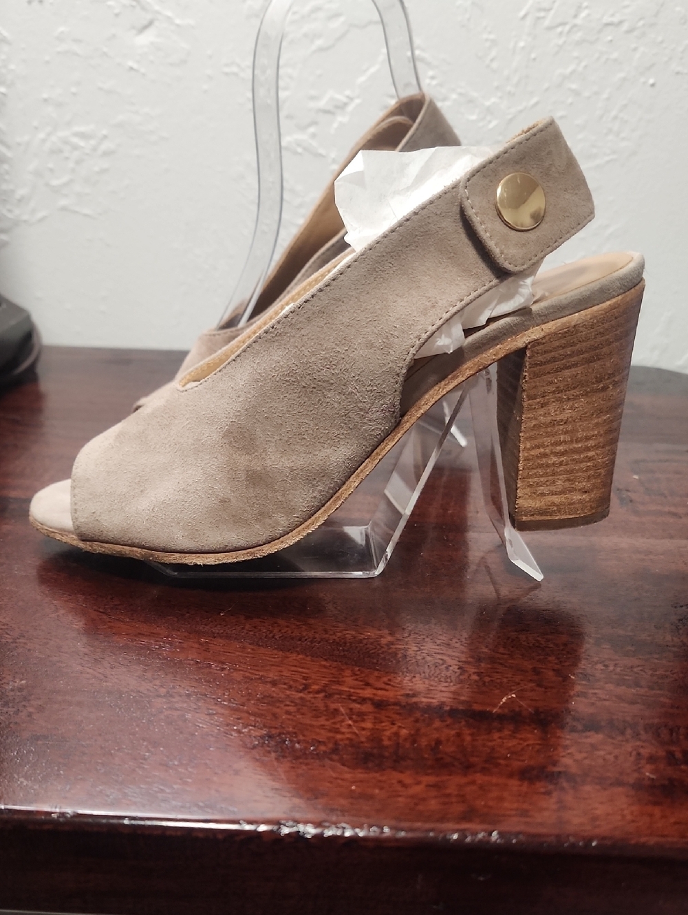 Suede Peep-Toe Slingback Block Heel in Taupe